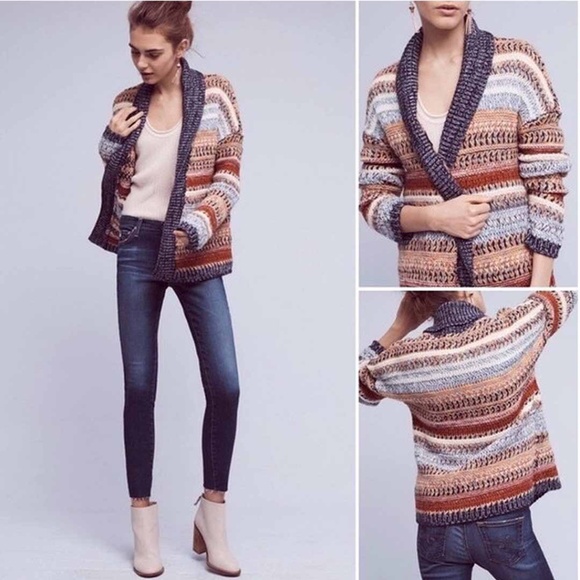 anthropologie KNITTED & KNOTTED Michela Cardigan Intarsia Knit Open Front SMALL - Picture 9 of 10